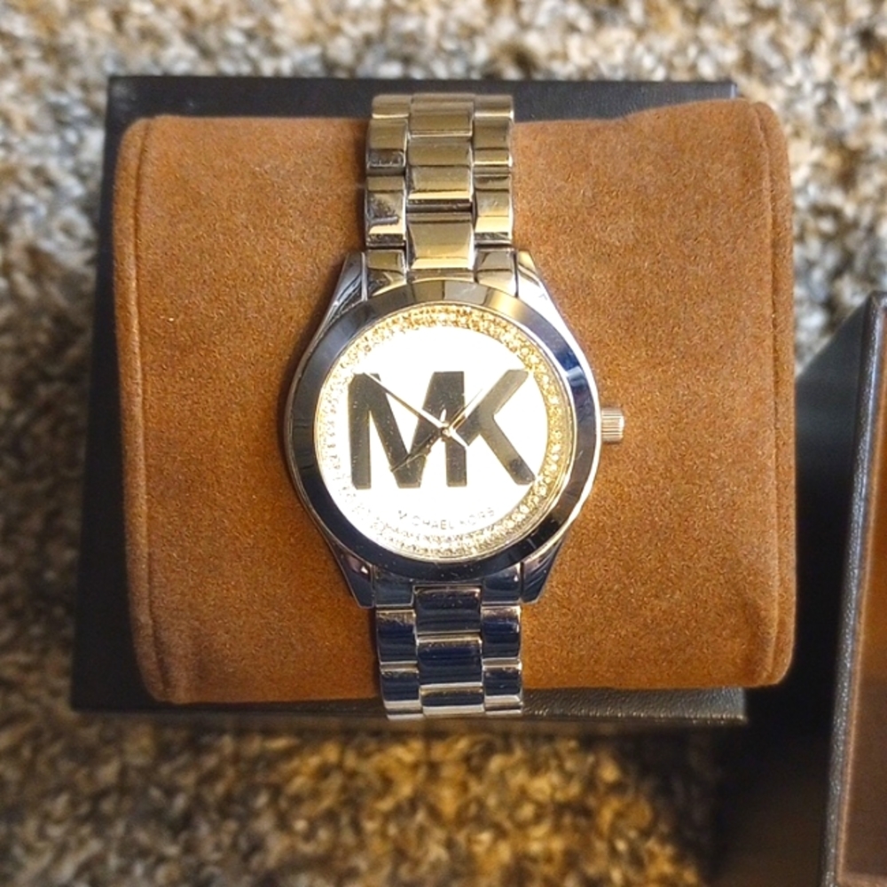 Michael Kors Women's mini slim runway logo silver-tone watch